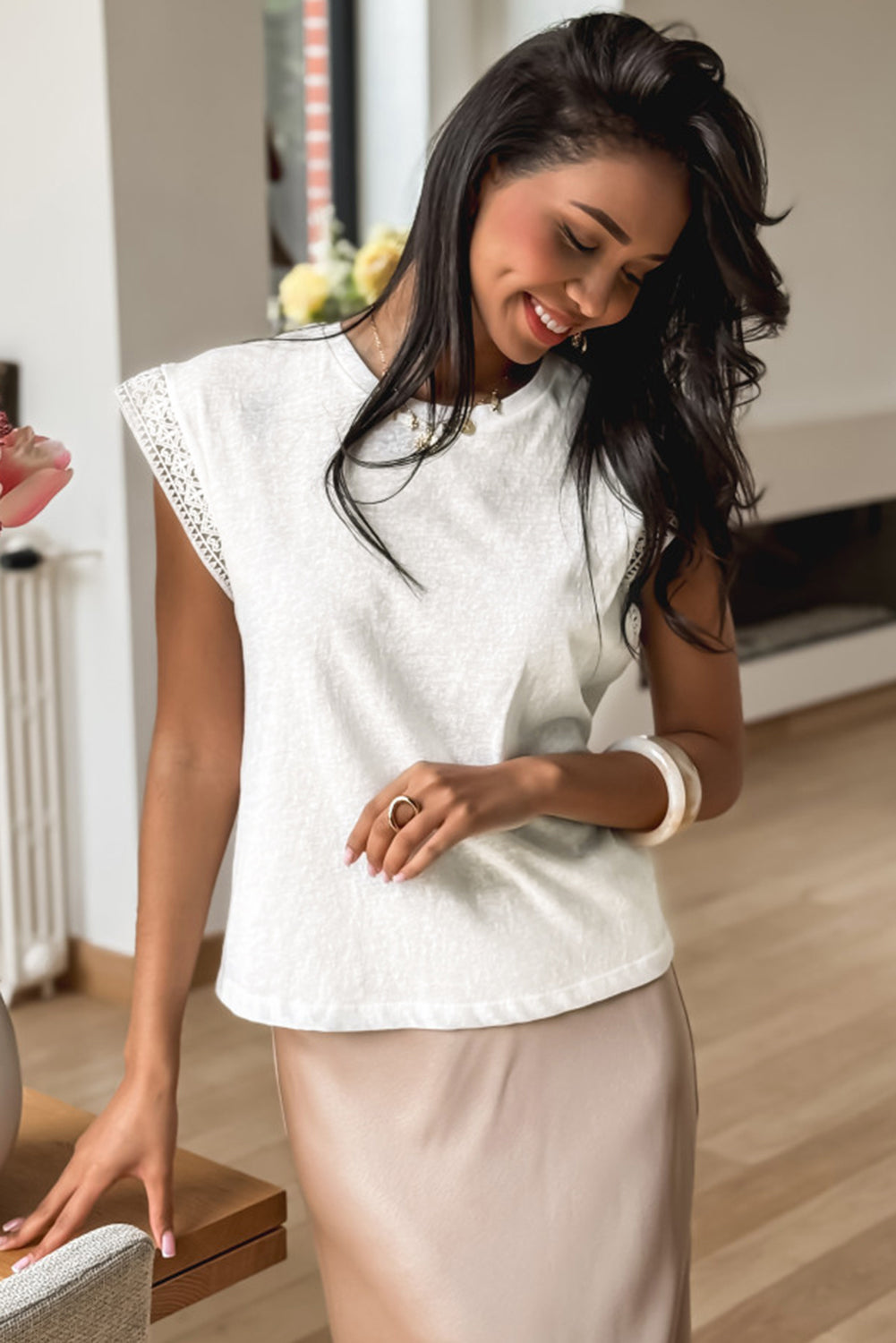 White T-shirt Sleeveless with Lace Trim