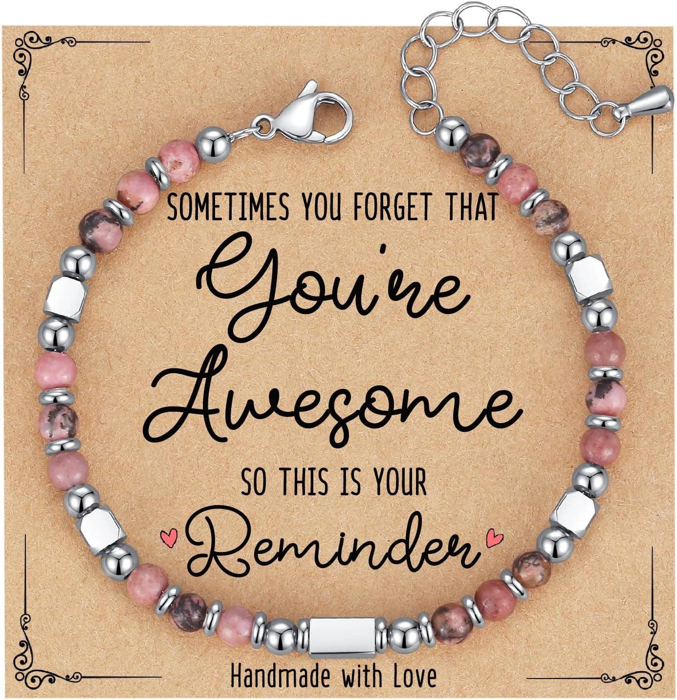 4mm Stone & Stainless Steel Bead Bracelet| Blessing Card -CS: Powder Crystal & Always remember
