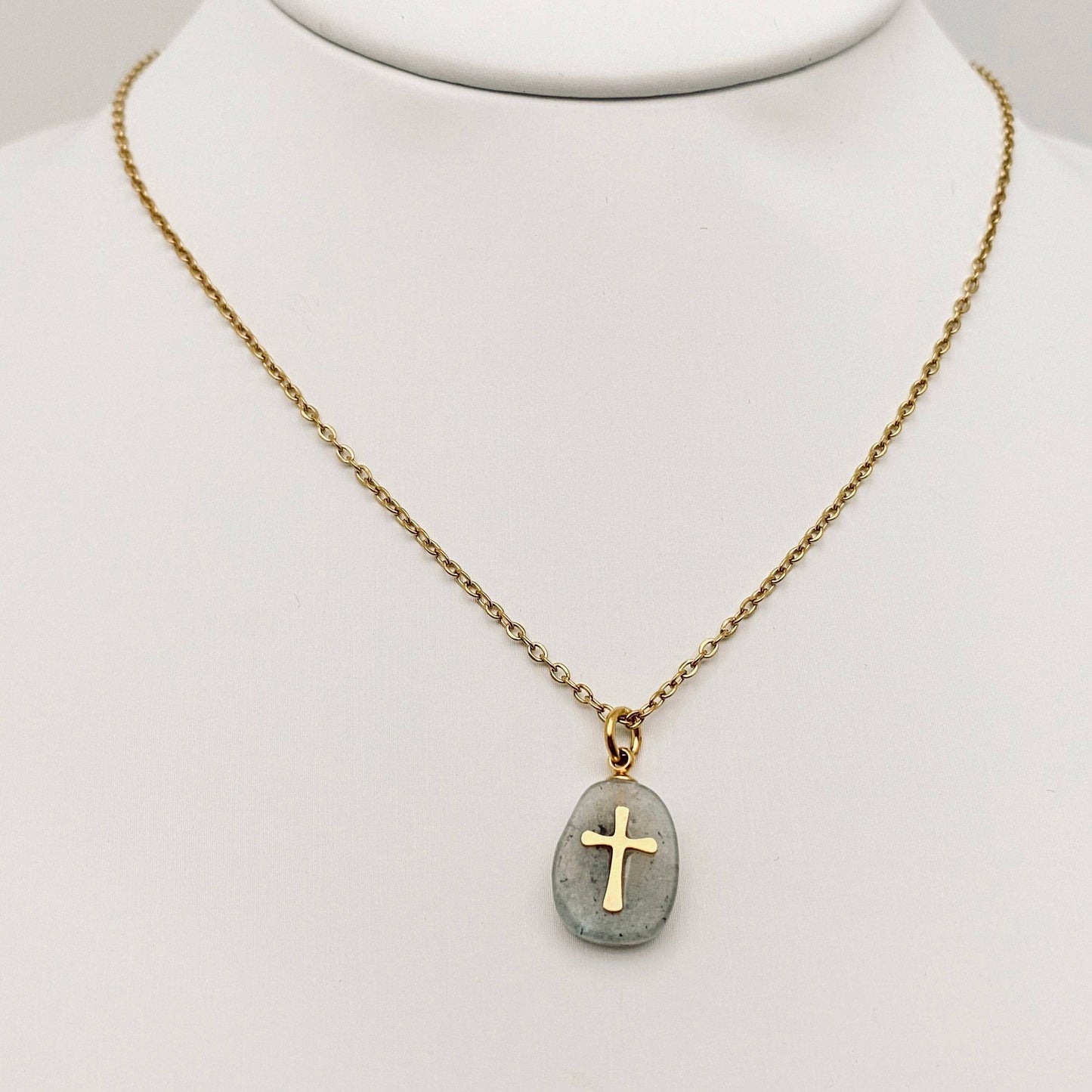 Natural Stone Stainless Steel Cross Pendant Necklace - CS: 3# White