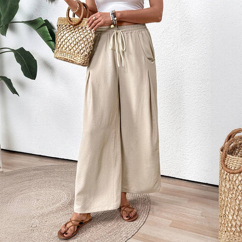 Straight Leg Pants Apricot elastic waist wide leg