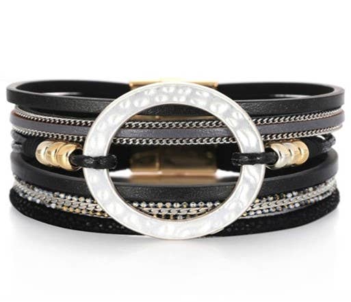 Black Multi Leather Straps w/Large Silver Circle Bracelet