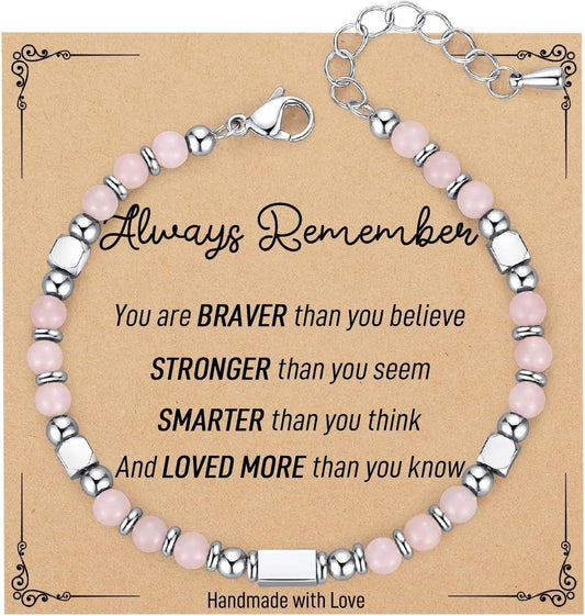 4mm Stone & Stainless Steel Bead Bracelet| Blessing Card -CS: Powder Crystal & Always remember