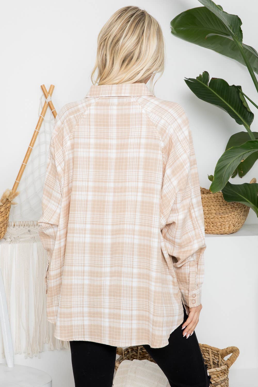 Raglan Sleeves Cotton Oversized Plaid Shirt