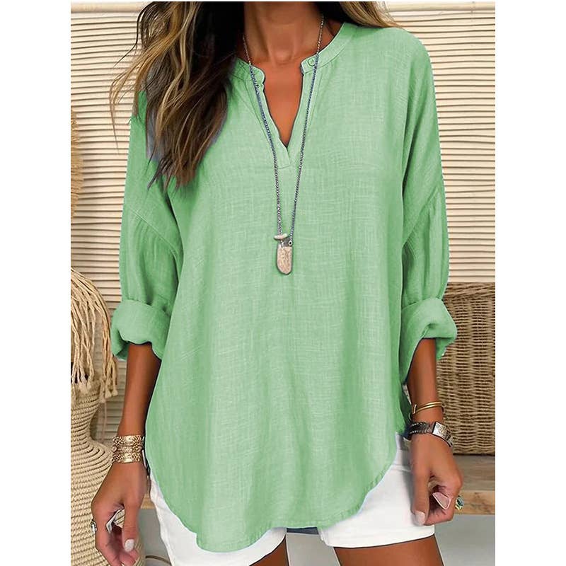 Blouse Linen Long Sleeve Casual V Neck Top CWTBLL0260