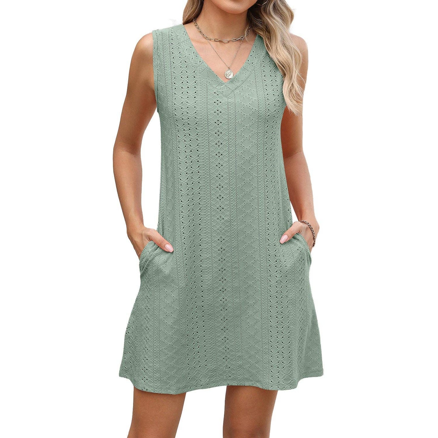 Summer Solid Color Eyelet Dress with V Neck and Pockets