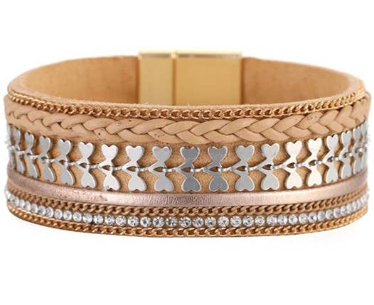 Tan Multi Leather Straps w/Hearts, Crystals Bracelet