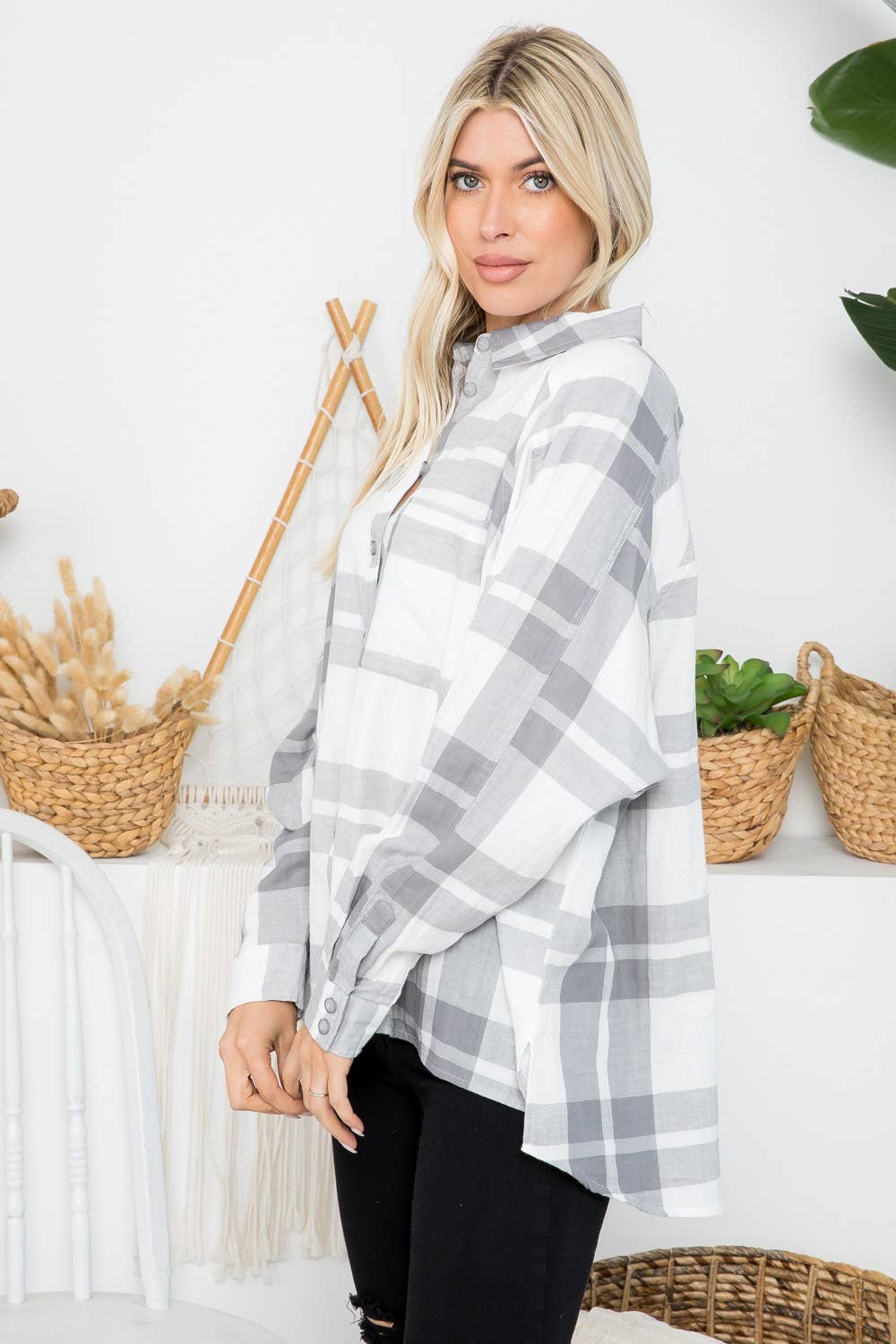 Raglan Sleeves Cotton Oversized Plaid Shirt