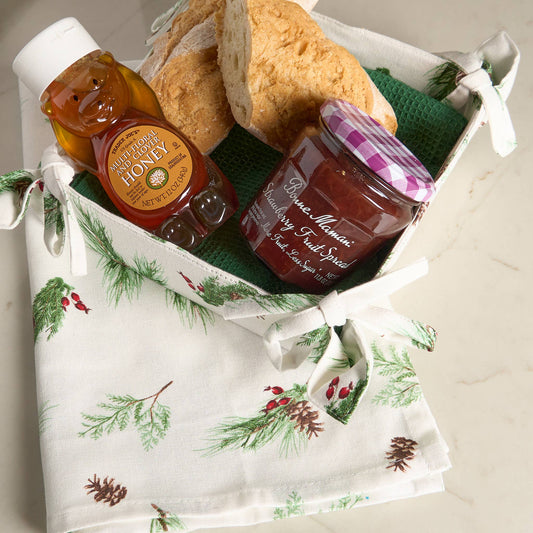 4 Piece Christmas Winter Pine Tea Towel & Bread Basket Set