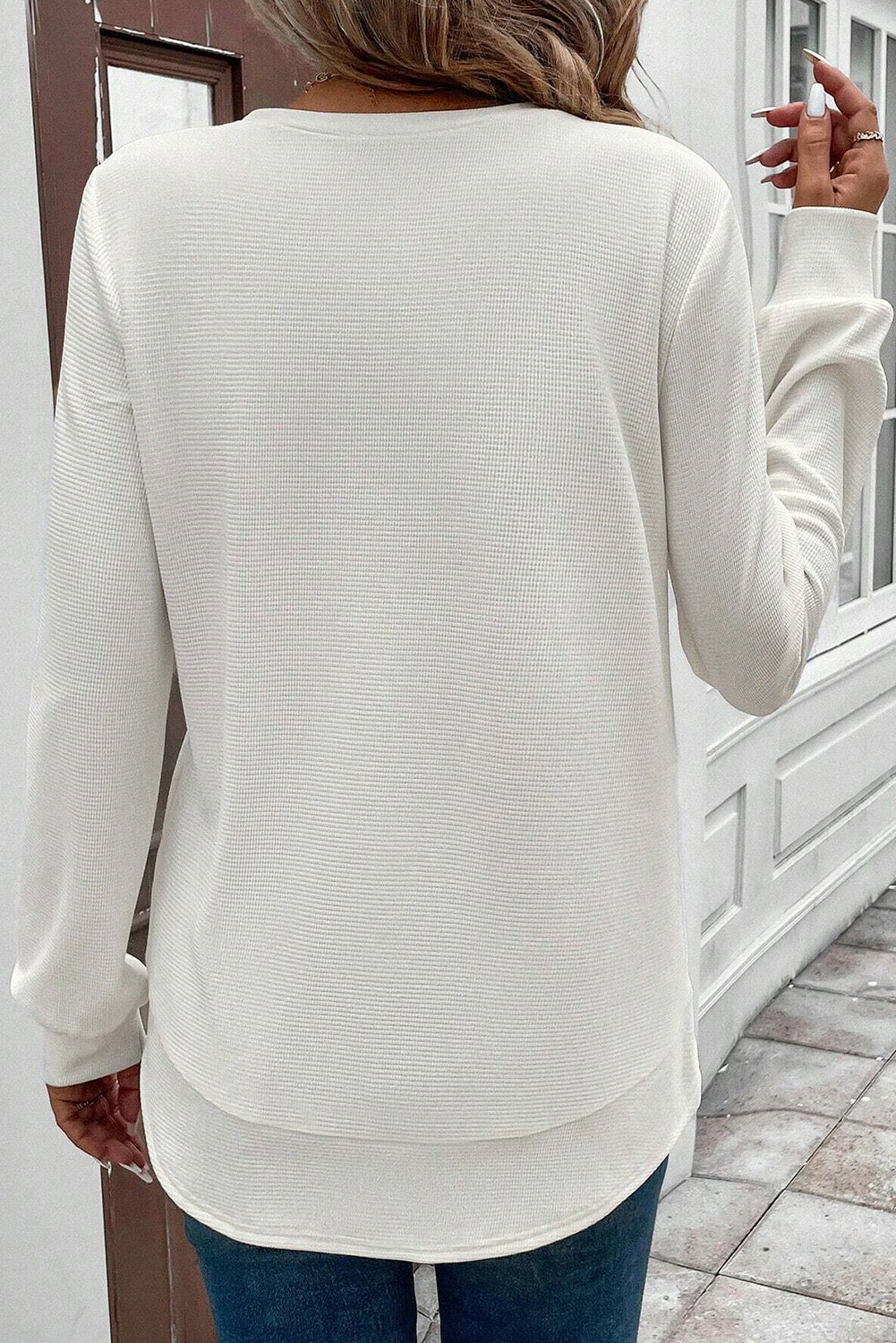 White Rounded Hem Waffle L/S Top