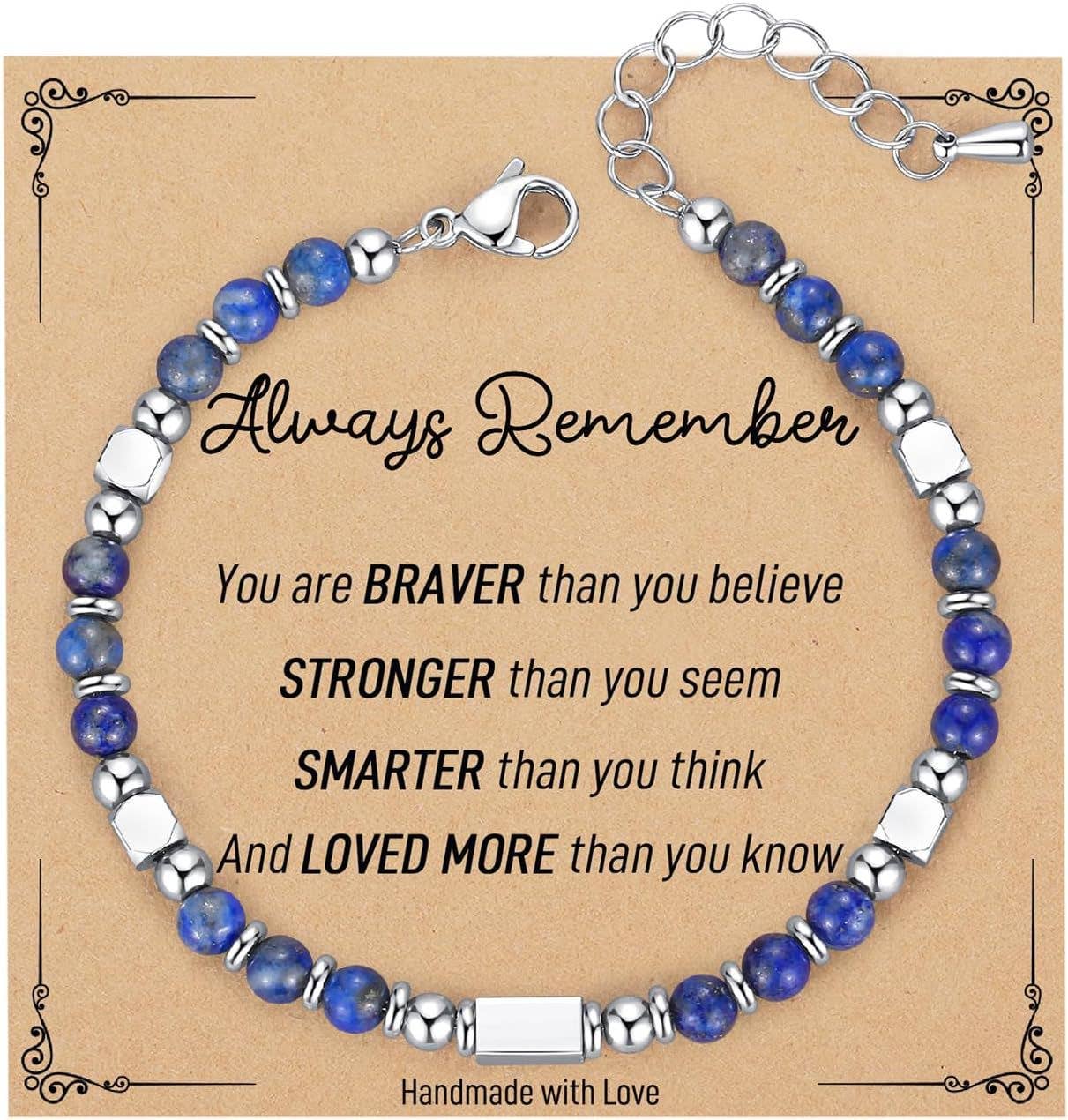 4mm Stone & Stainless Steel Bead Bracelet| Blessing Card -CS: Powder Crystal & Always remember