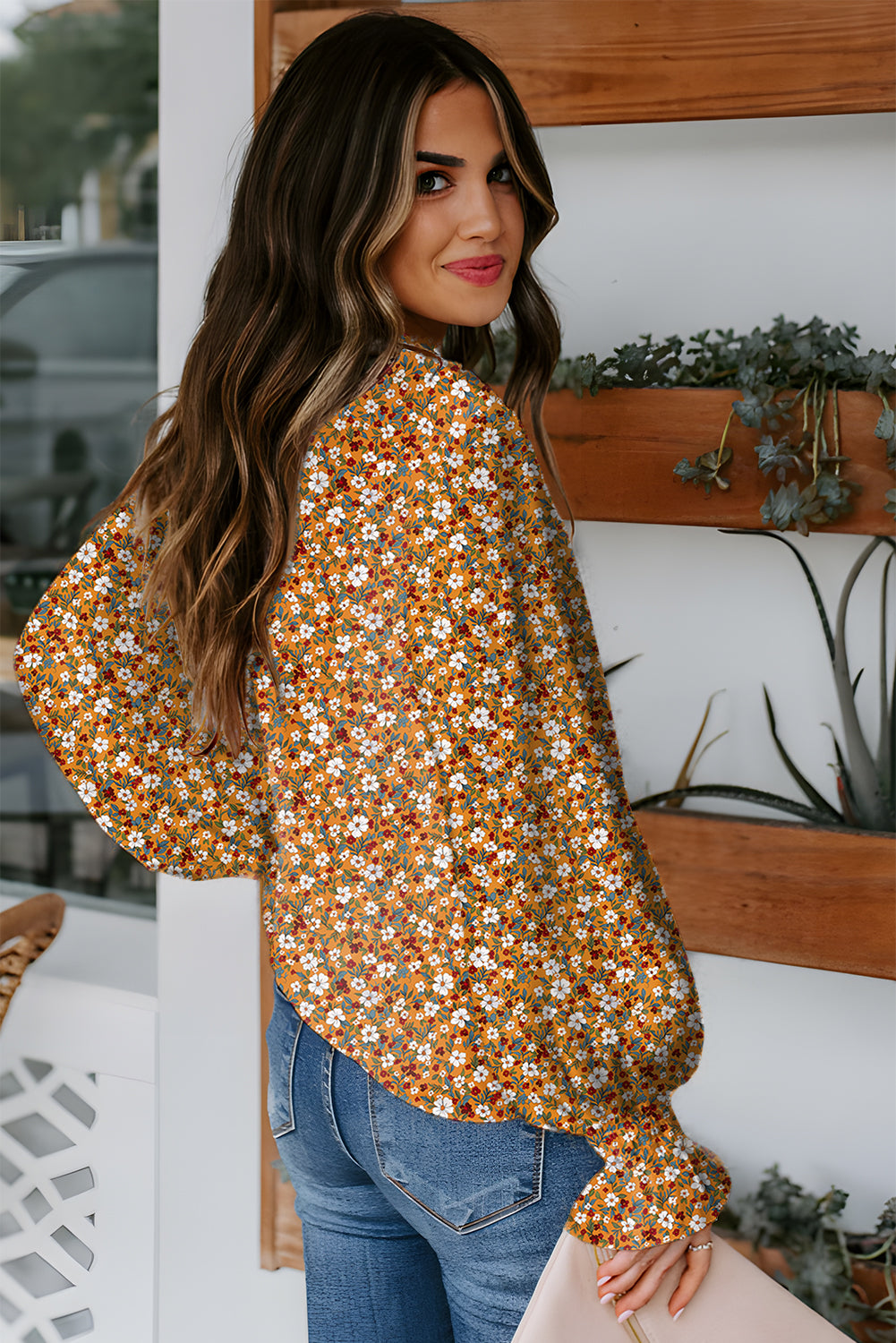 Orange Floral Ruffled Bubble Sleeve V Neck Blouse