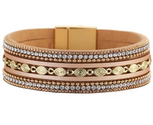 Tan Leather Strap with Gold Bead/Crystal Bracelet