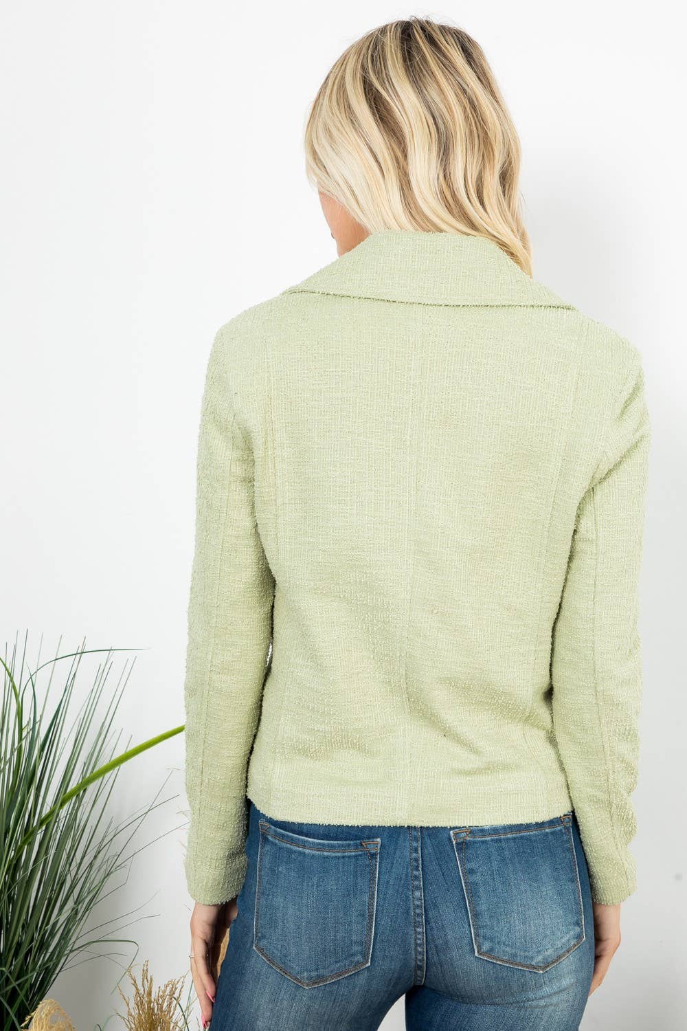 Mint Green (Lint) Solid Boucle Long Sleeve Moto Jacket