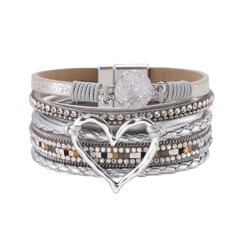 Multi-Layer Heart Charm Bangle Bracelets - BJ/LB: Silver