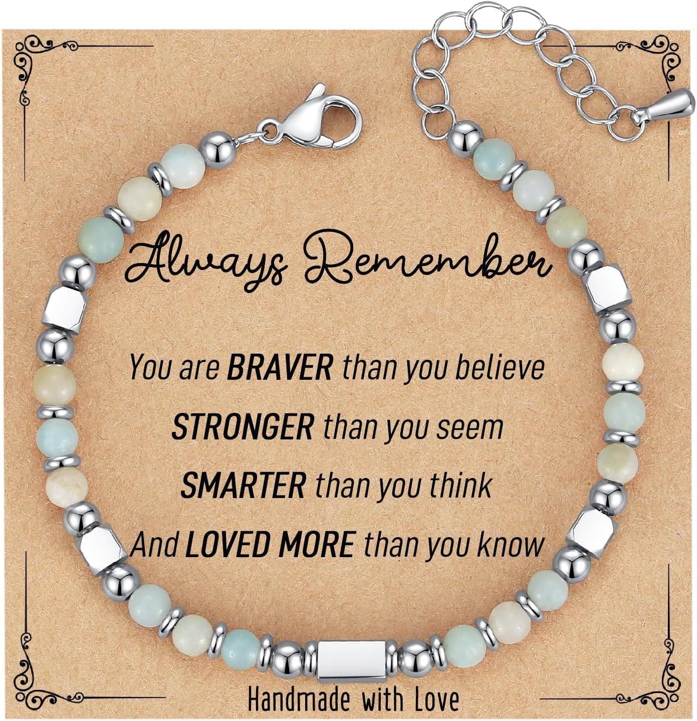 4mm Stone & Stainless Steel Bead Bracelet| Blessing Card -CS: Powder Crystal & Always remember