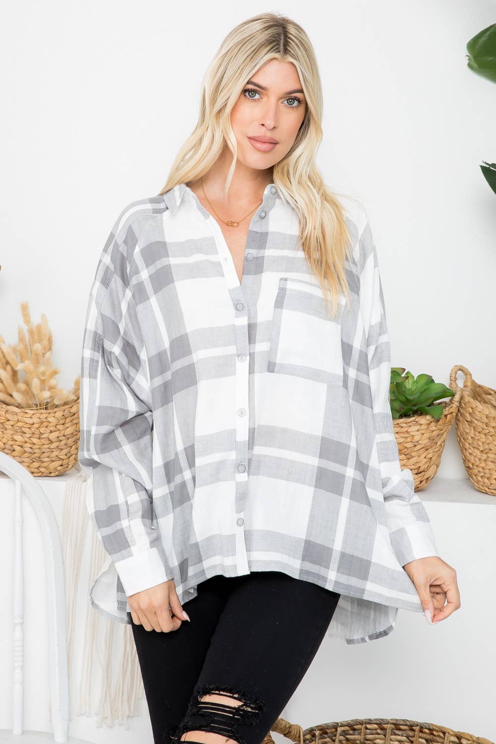 Raglan Sleeves Cotton Oversized Plaid Shirt