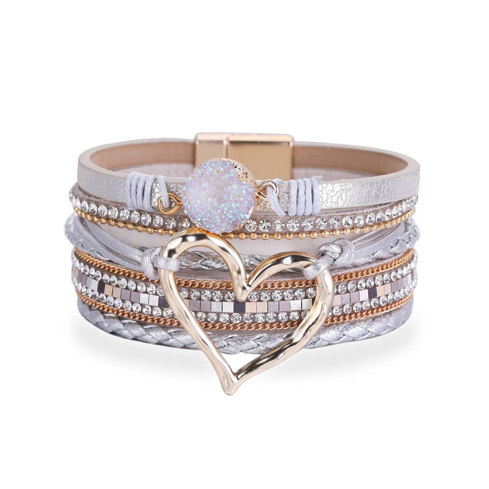 Multi-Layer Heart Charm Bangle Bracelets - BJ/LB: Silver