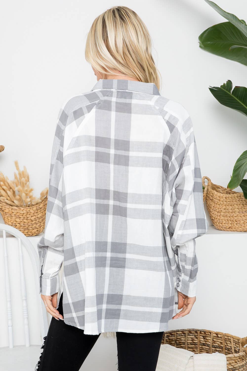 Raglan Sleeves Cotton Oversized Plaid Shirt