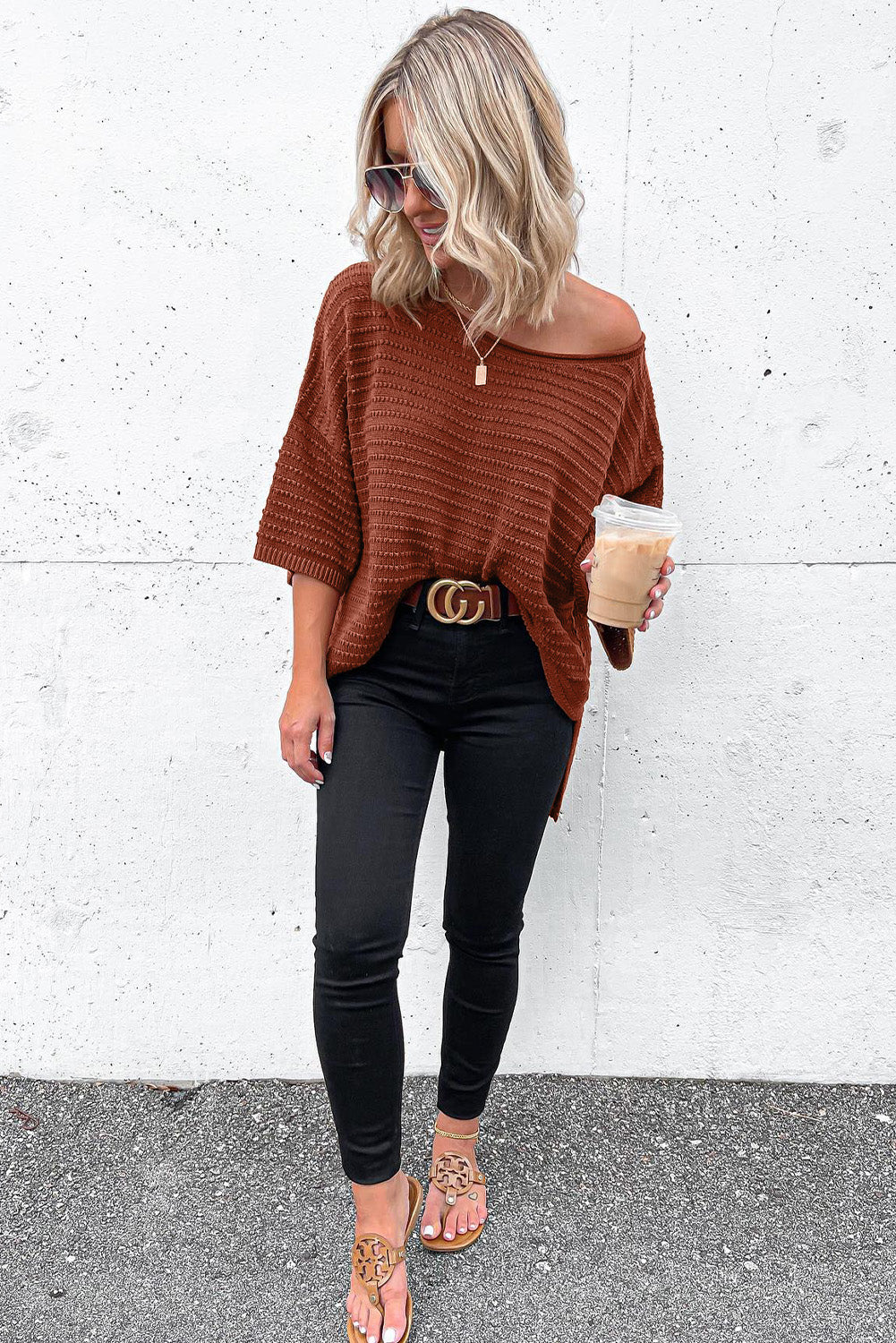 Brown Solid Color Rib-Knot Drop Sleeve Slide Slits Top