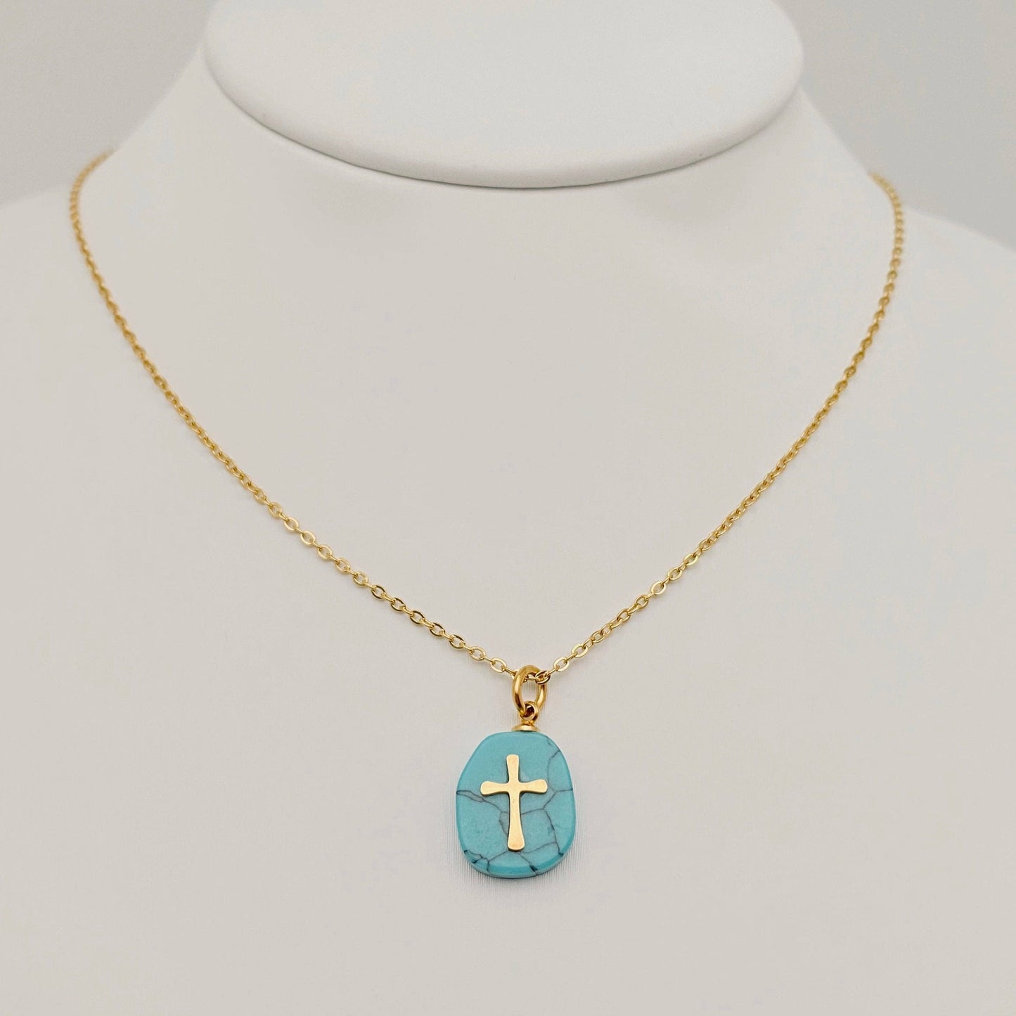 Natural Stone Stainless Steel Cross Pendant Necklace - CS: 5# Green