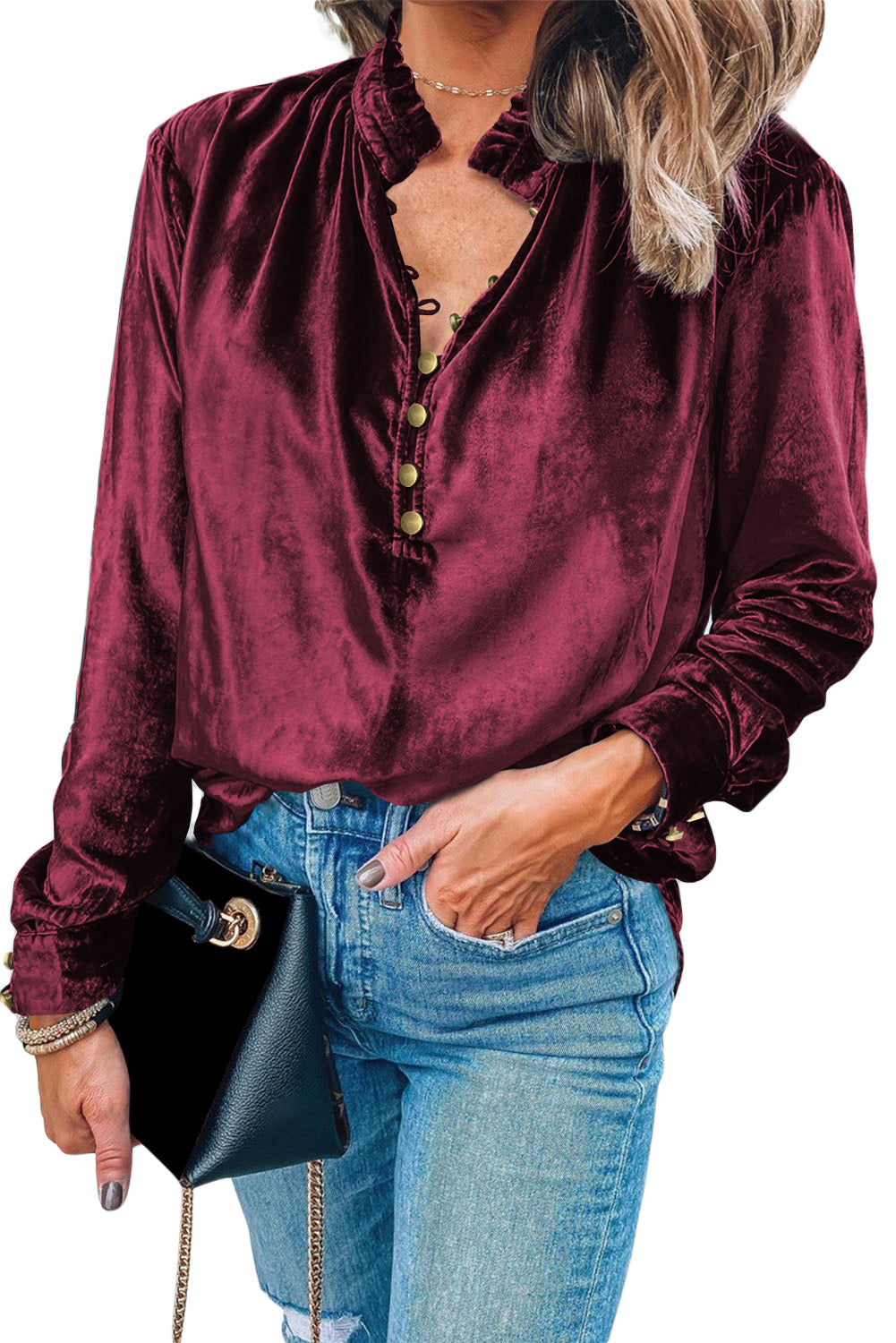 Burgandy Frilled Button V Neck