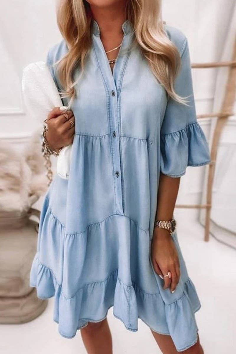 CWDSD6508 Half Sleeve Washed Denim Dress V-Neck
