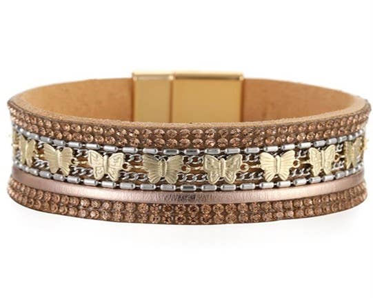 Tan Leather Strap and Gold Butterfly Bracelet
