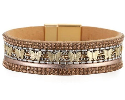 Tan Leather Strap and Gold Butterfly Bracelet