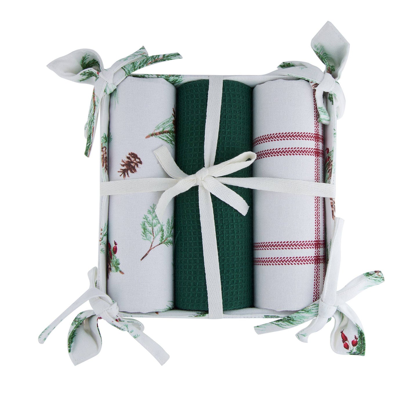 4 Piece Christmas Winter Pine Tea Towel & Bread Basket Set