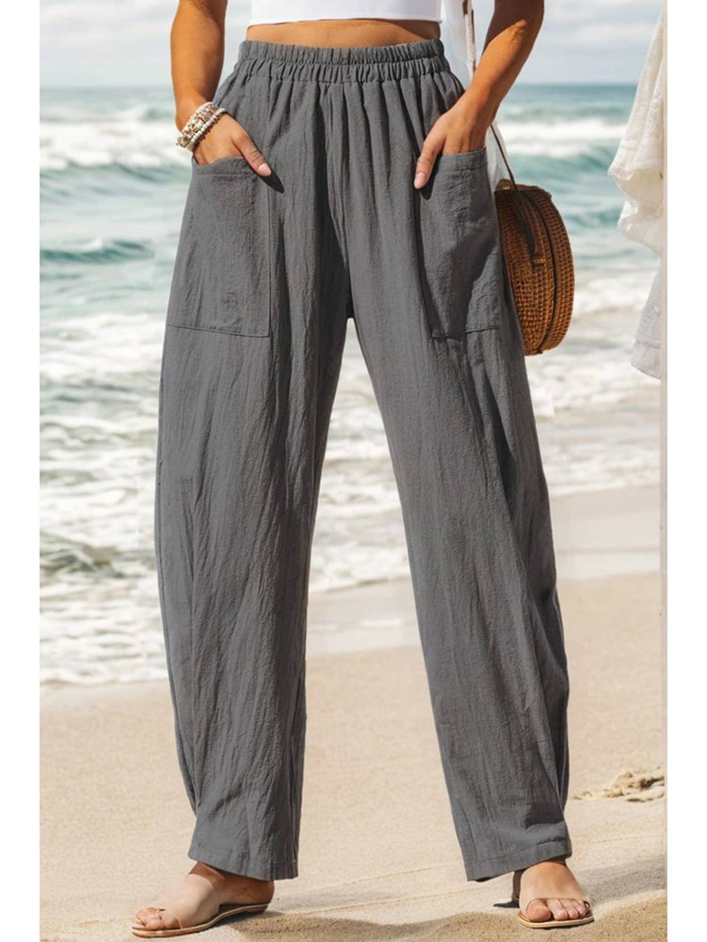 Gray Solid Color Casual Cargo Pants