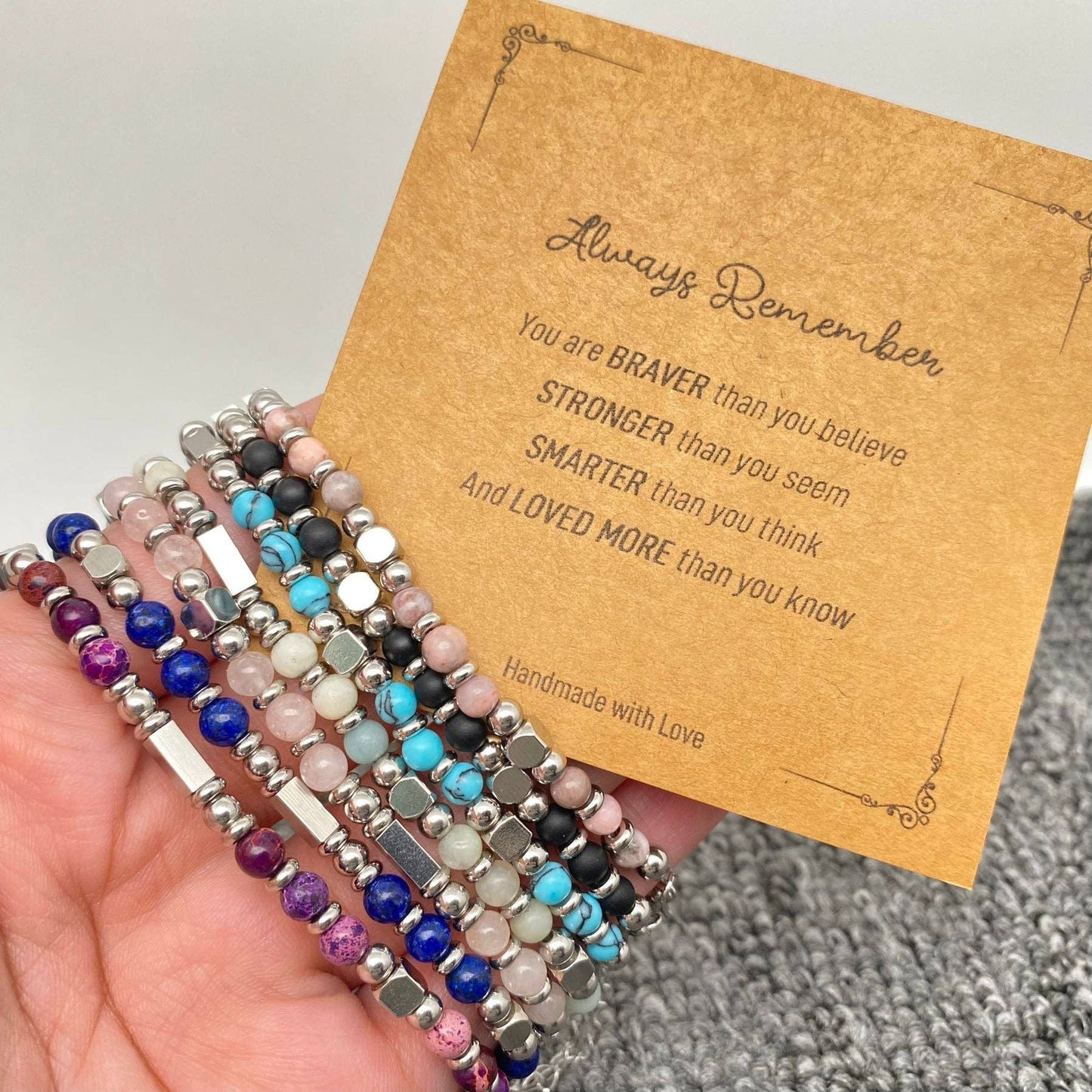 4mm Stone & Stainless Steel Bead Bracelet| Blessing Card -CS: Amazon Stone & Always remember