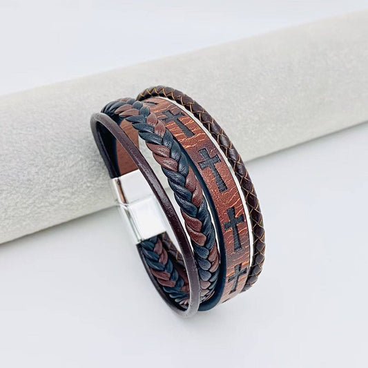 Handmade Leather Cross Men's Magnetic Buckle Bracelet -MJ/BC: 230MM / 9.05in