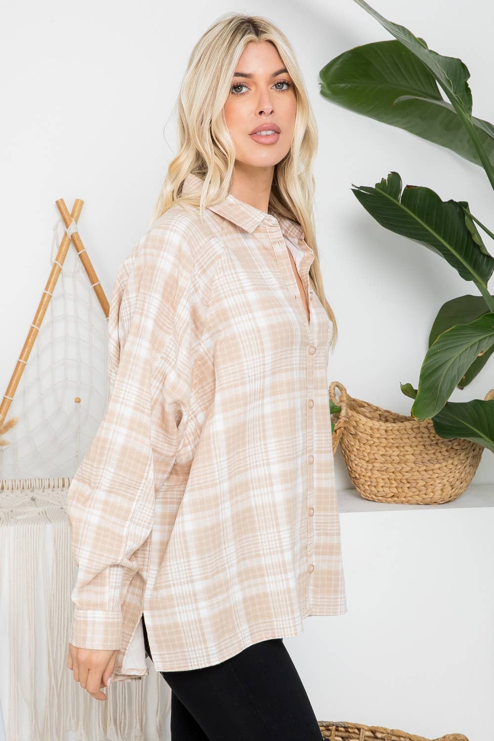Raglan Sleeves Cotton Oversized Plaid Shirt