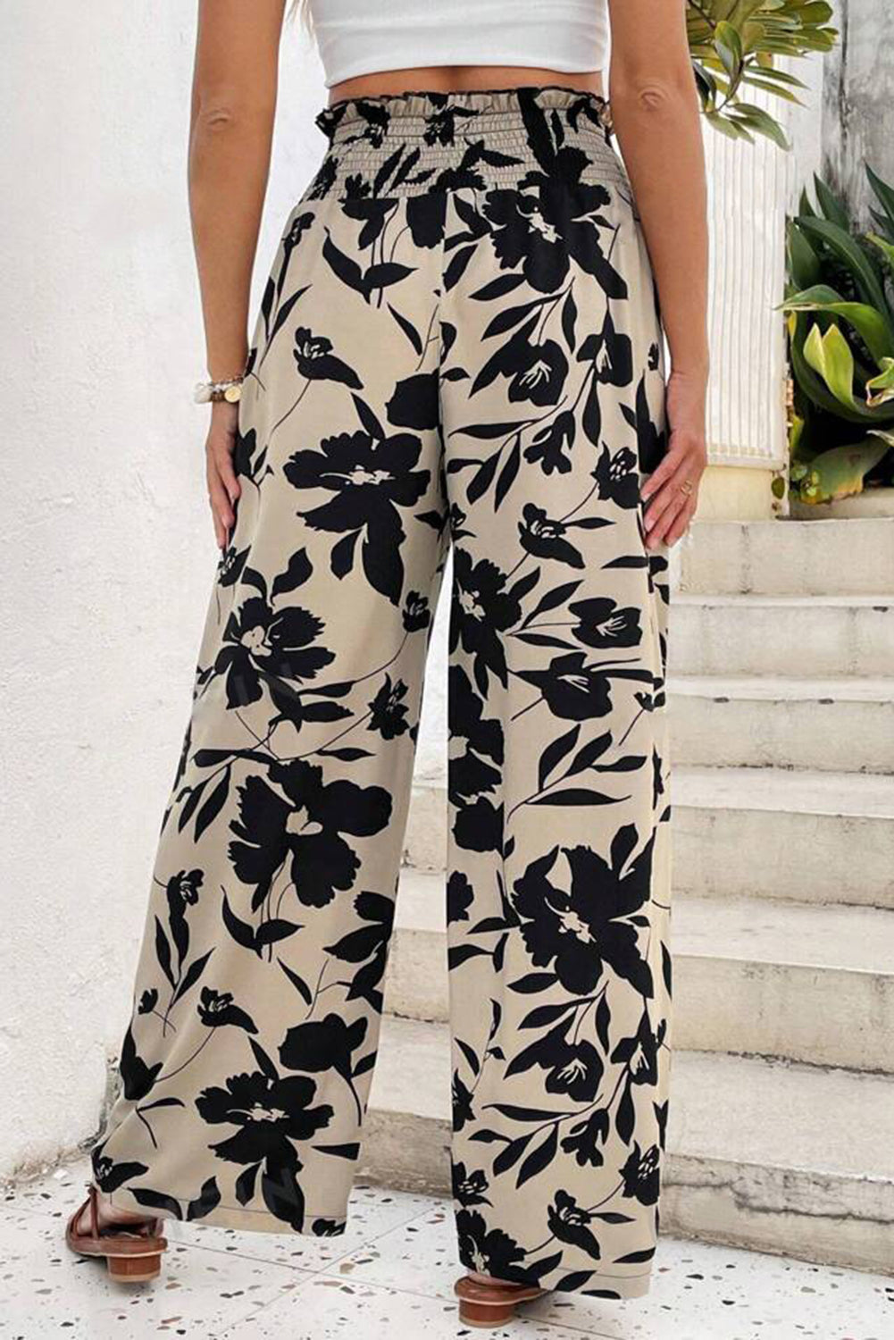 Floral Frill Waist Wide Leg Pants