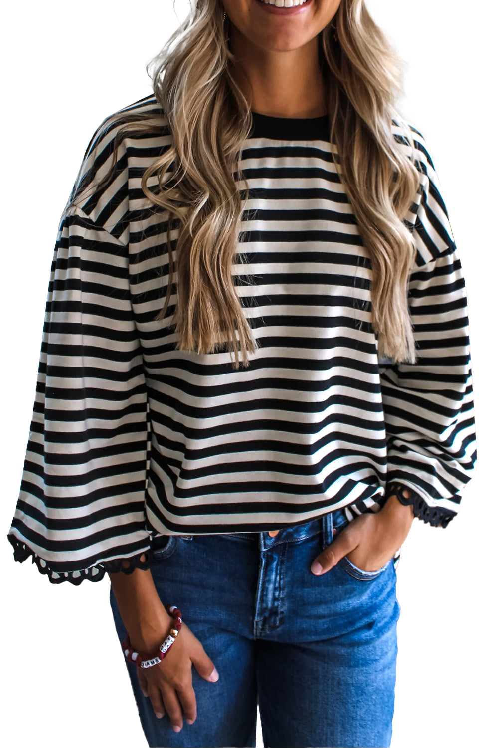 Black Striped Round Neck Bell Sleeve Top