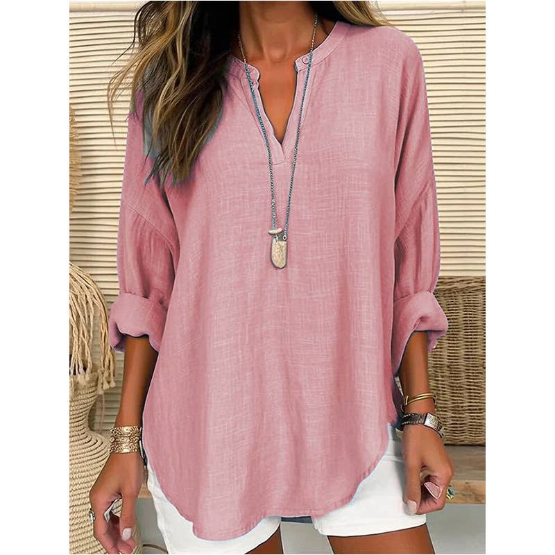 Blouse Linen Long Sleeve Casual V Neck Top CWTBLL0260