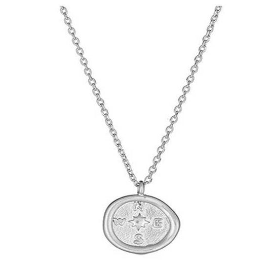 Compass Coin Necklace-White Gold