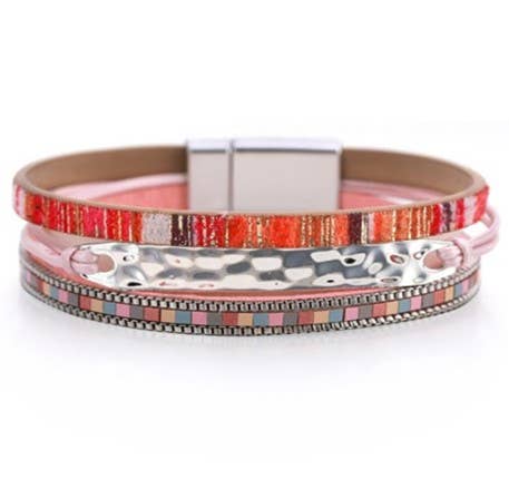Pink Leather Strap and Silver Hammered Bracelet