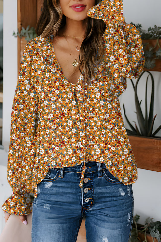Orange Floral Ruffled Bubble Sleeve V Neck Blouse