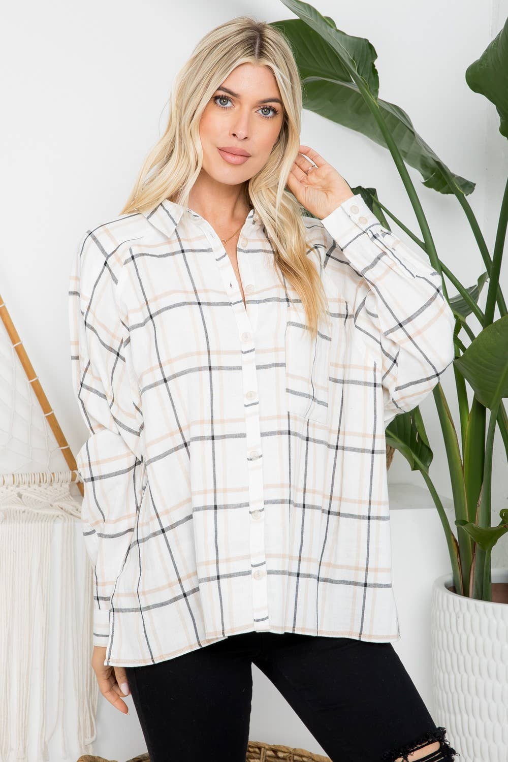 Raglan Sleeves Cotton Oversized Plaid Shirt