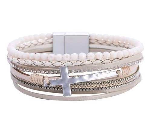 White Multi Leather Strap/Beaded Bracelet w/Silver Cross