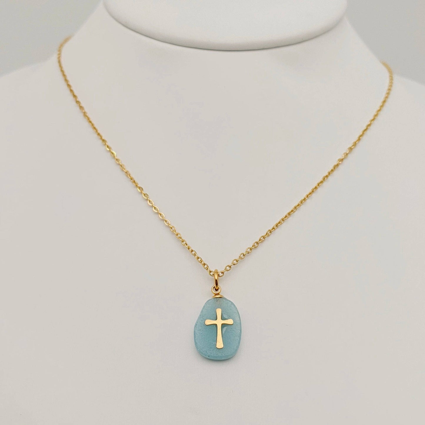 Natural Stone Stainless Steel Cross Pendant Necklace - CS: 5# Green