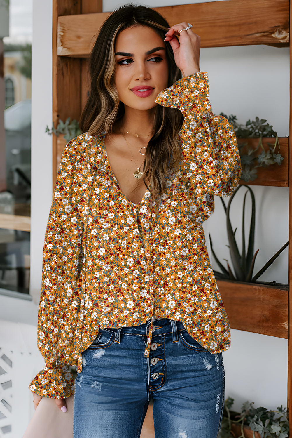 Orange Floral Ruffled Bubble Sleeve V Neck Blouse