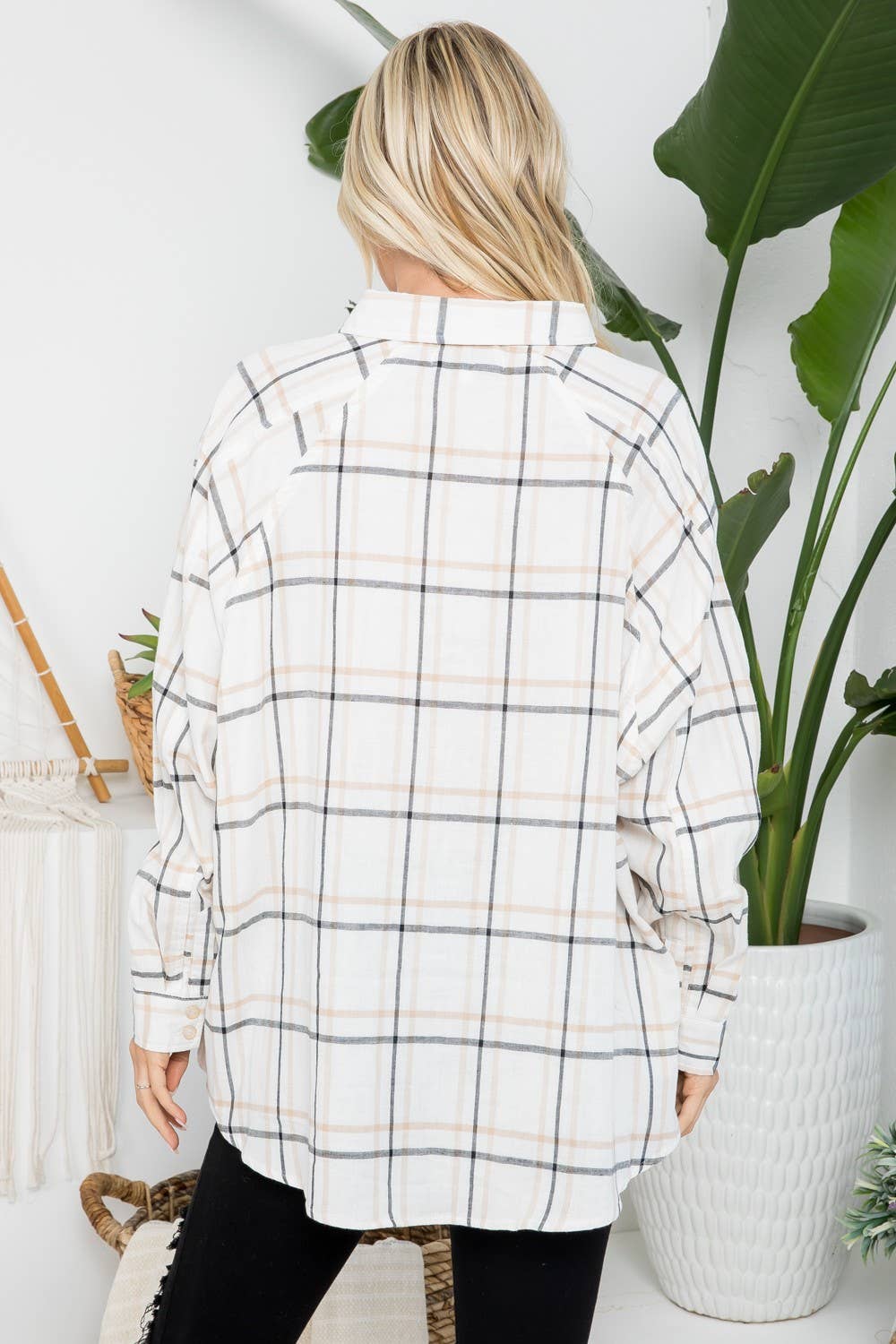 Raglan Sleeves Cotton Oversized Plaid Shirt