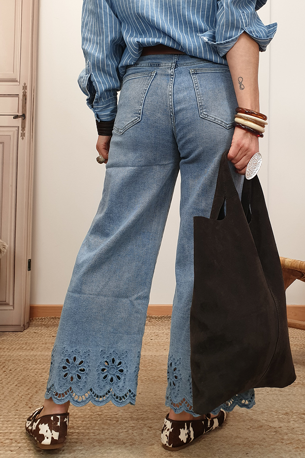 Dusk Blue Embroidered Cropped Wide Leg high Waist Jeans