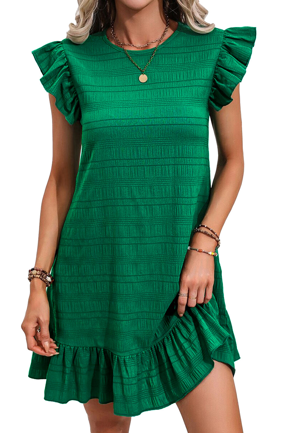 Dark Green Flutter Sleeve Mini Dress