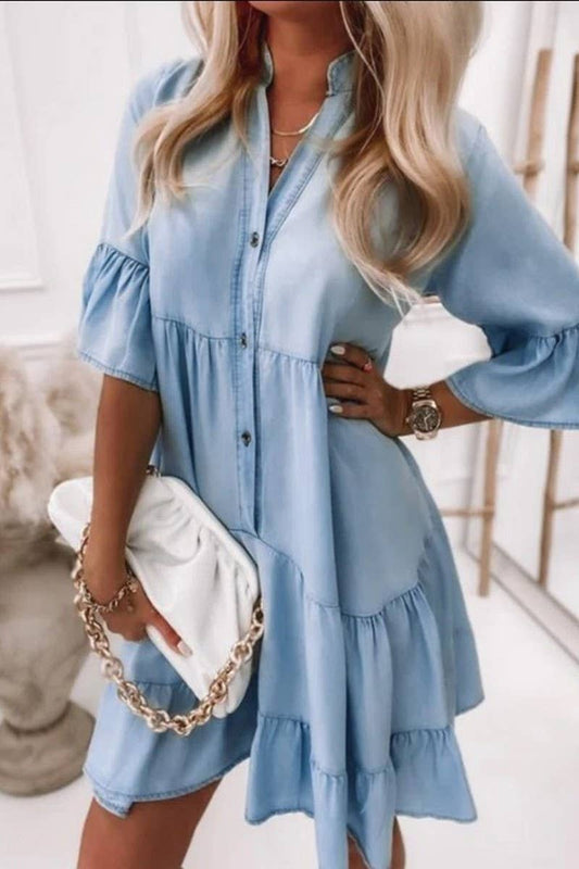 CWDSD6508 Half Sleeve Washed Denim Dress V-Neck