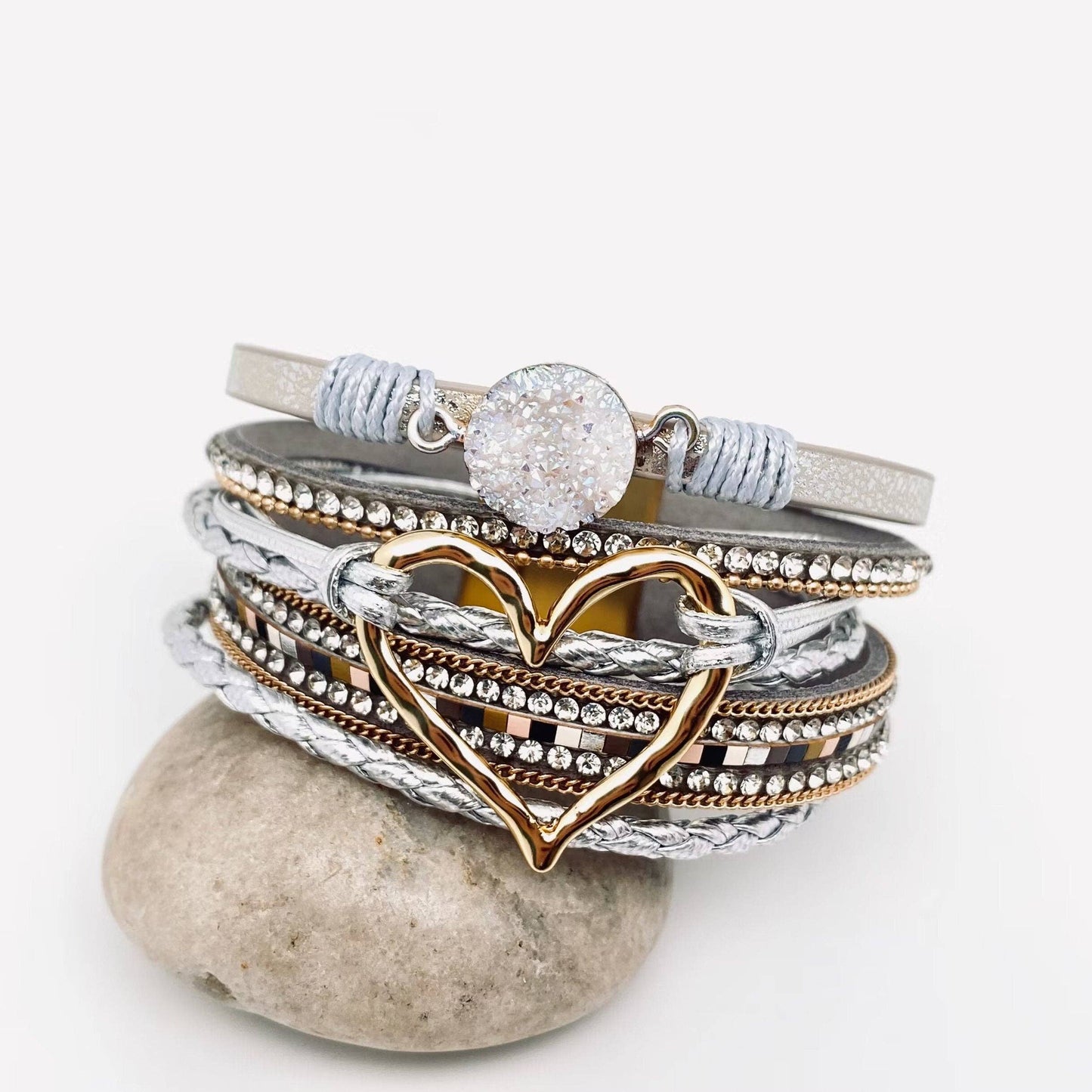 Multi-Layer Heart Charm Bangle Bracelets - BJ/LB: Silver