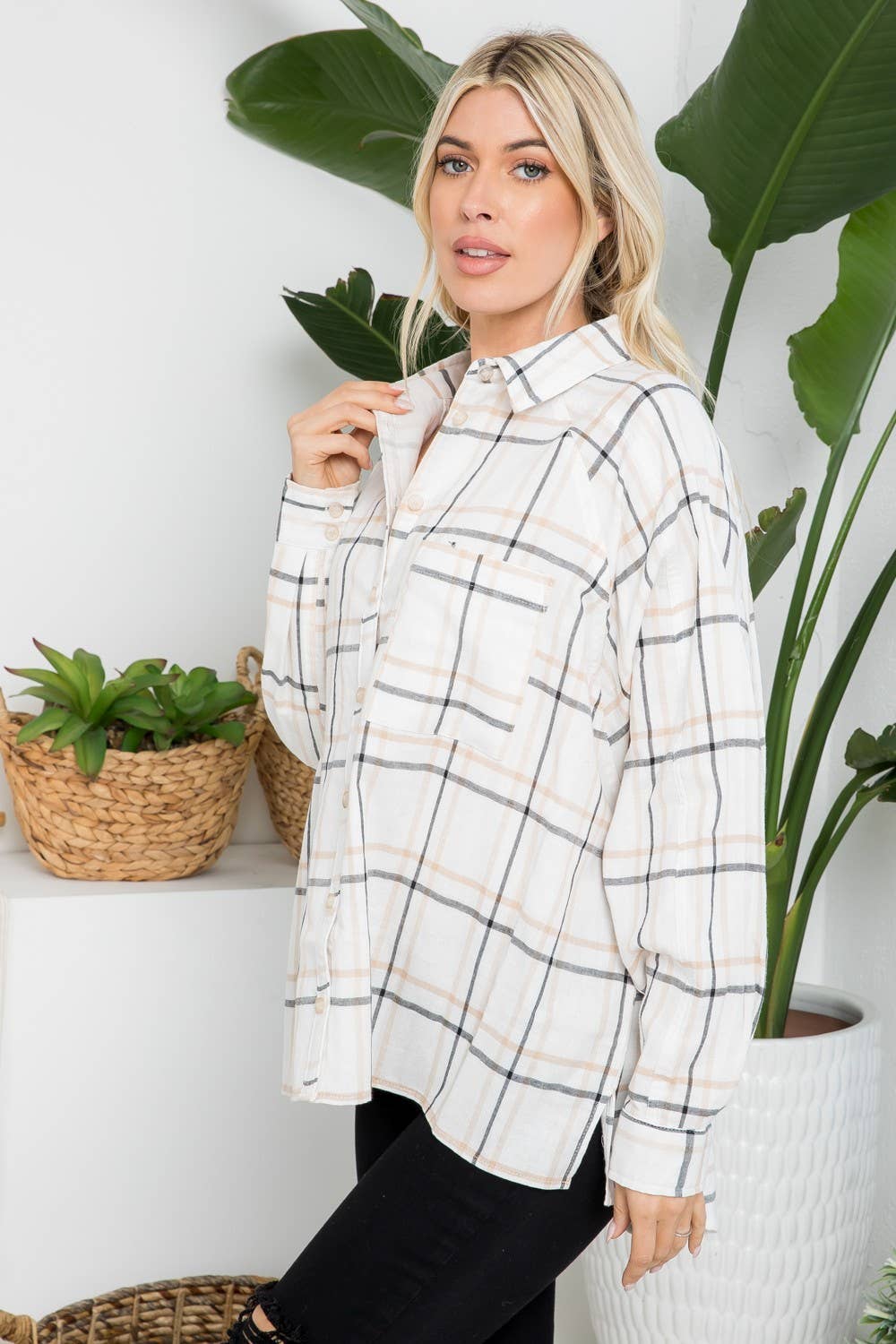 Raglan Sleeves Cotton Oversized Plaid Shirt