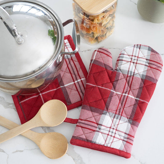 2 Pc Holiday Christmas Plaid Oven Mitt & Pot Holder Set